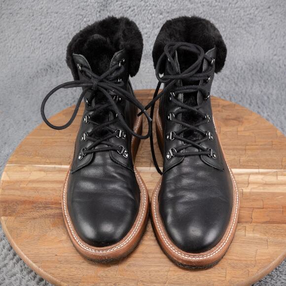 Botkier Winter Boots Black Leather Faux Fur Trim Round Toe Lace Up Size 10 M - Picture 2 of 8